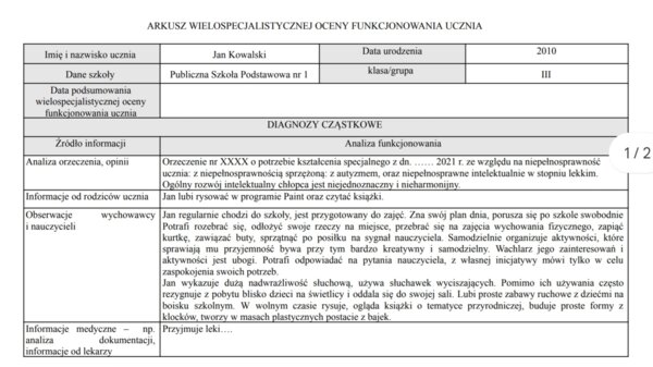 Przykładowa Wielospecjalistyczna Ocena Poziomu Funkcjonowania Ucznia, Autyzm