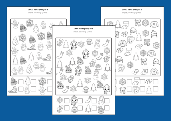 ZIMA – znajdź, pokoloruj i policz – 3 wersje – biblioteka – świetlica – przedszkole
