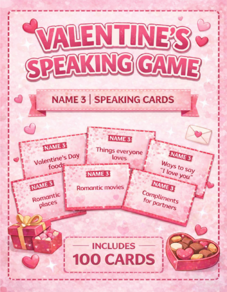 Valentine’s Day – NAME 3 / 5 SECONDS ESL SPEAKING GAME | Gra mówienia po angielsku (100 kart, A2-B2, Walentynki)