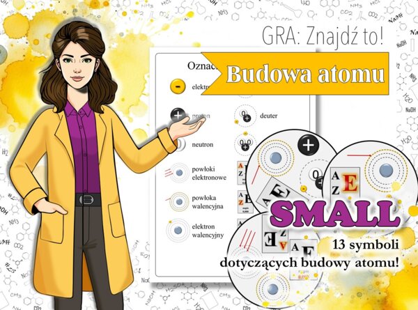 Klasa 7. Chemia. Znajdź to! Budowa atomu i jego położenie w układzie okresowym. Gra typu dobble. Wersja SMALL