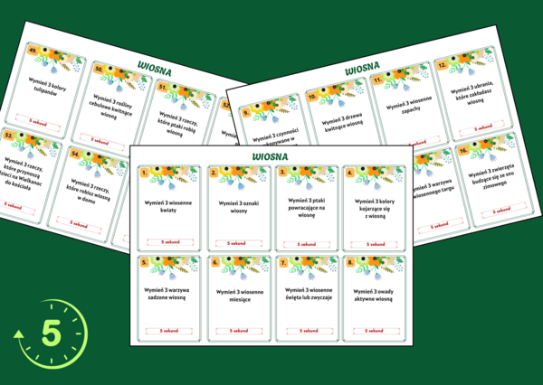 WIOSNA – biblioteka – świetlica – zajęcia z wychowawcą - gra 5 SEKUND + ODPOWIEDZI - 56 szt.