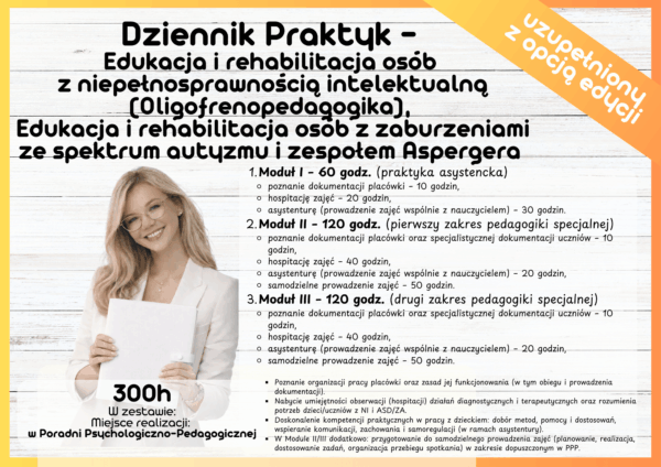 Dziennik Praktyk Edukacja i rehabilitacja osób z niepełnosprawnością intelektualną (Oligofrenopedagogika) Edukacja i rehabilitacja osób z zaburzeniami ze spektrum autyzmu i zespołem Aspergera