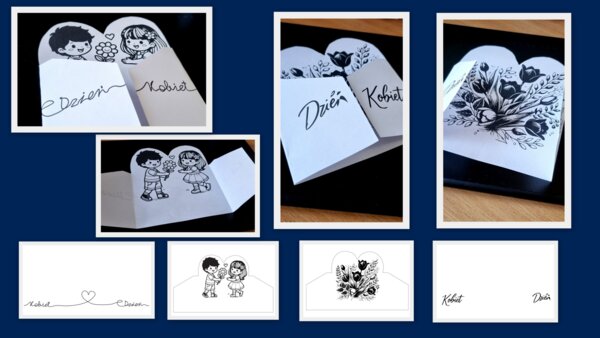 Dwie laurki na walentynki, dzień kobiet, kolorowanka