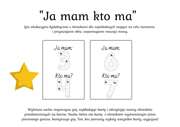 Gra dydaktyczna "Ja mam kto ma" ?Cyfry od 0 do 9 - 20 kart - 6 zł (wersja czarnobiała - grafomotoryka)