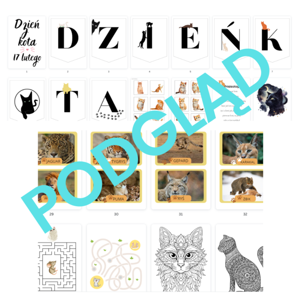 Dzień Kota - napis, kolorowanki, zadania, dzikie koty