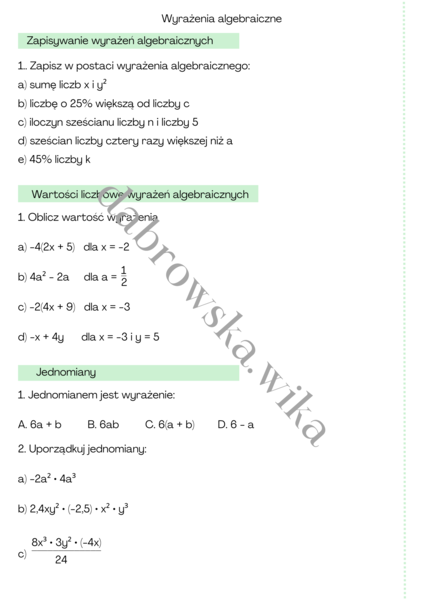 Wyrażenia algebraiczne - podsumowanie