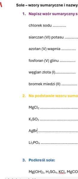 Kartkówka/karta pracy wzory i nazwy soli
