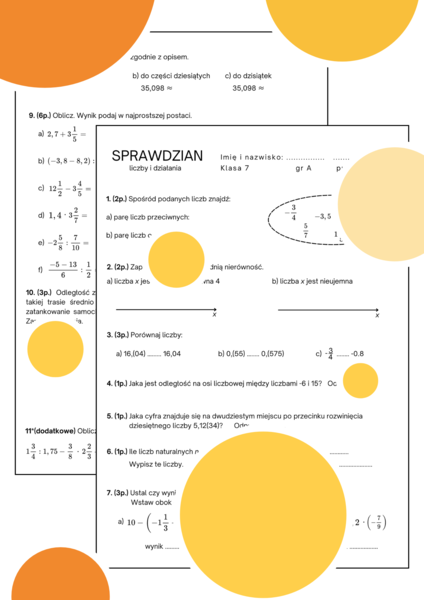 Sprawdzian. Liczby i działania. Wyrażenia arytmetyczne. Klasa 7. GWO