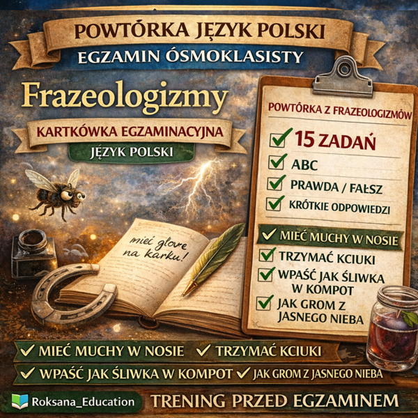 ✏️ Frazeologizmy – kartkówka egzaminacyjna | powtórka przed egzaminem ósmoklasisty (15 zadań)