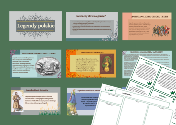 LEGENDY POLSKIE - legenda - prezentacja - 35 slajdów + karta pracy + wklejka