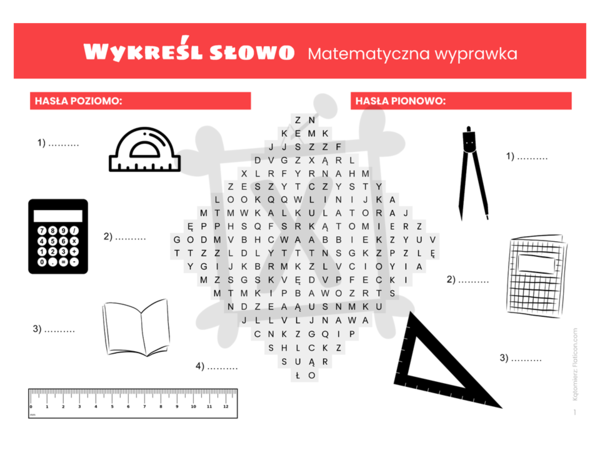Matematyka. Matematyczna wyprawka. Wykreślanka dla uczniów szkoły podstawowej. Materiał bezpłatny.