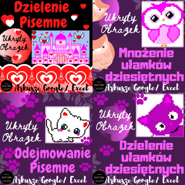 Zestaw 4 x UKRYTY OBRAZEK w Arkuszach Google, Excelu (edytowalny): Dzielenie Pisemne - Magiczny Zamek, Dzielenie ułamków dziesiętnych - Kot, Mnożenie ułamków dziesiętnych - Sowa, Odejmowanie Pisemne - Kotek