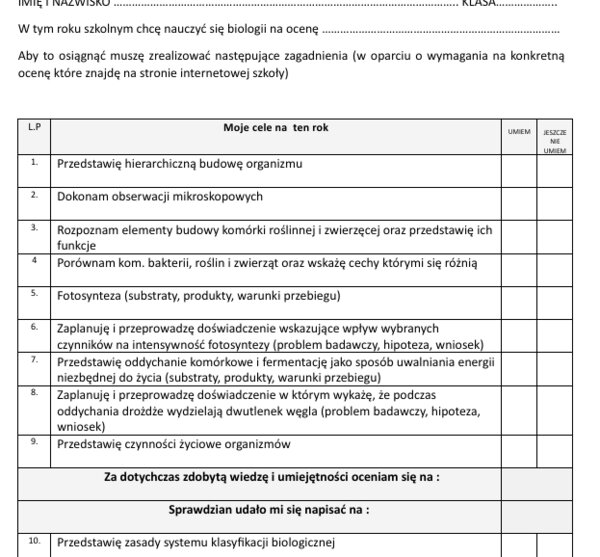 Podstawa programowa BIOLOGIA klasa 5 - tabelka dla uczniów