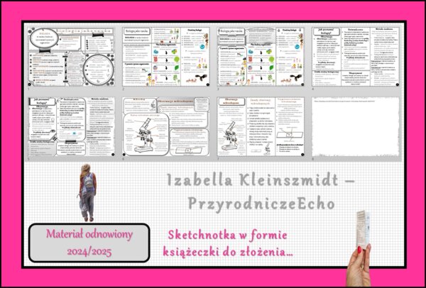 Zestaw sketchnotek/książeczek/notatek/wklejek/ściąg dla ucznia i przypomnień dla nauczyciela/edukacja domowa - do całego działu. Materiał w pdf. Biologia 5, dział „Biologia - nauka o życiu”. Nowość 2024/2025.