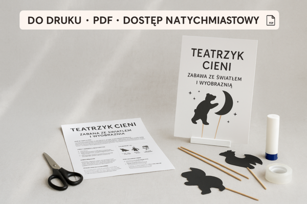 Teatrzyk cieni: własnoręcznie zrobione figurki z tektury, lampa, biała ściana.