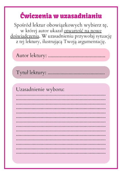 Ćwiczymy argumentowanie i utrwalamy treść lektur- karty z zadaniami na klasowym kursie redagowania wypowiedzi argumentacyjnej. Level 4