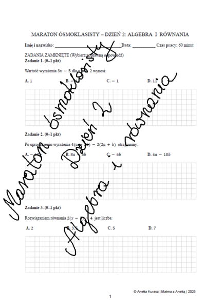 Maraton ósmoklasisty - Dzień 2 - Algebra i równania + odpowiedzi