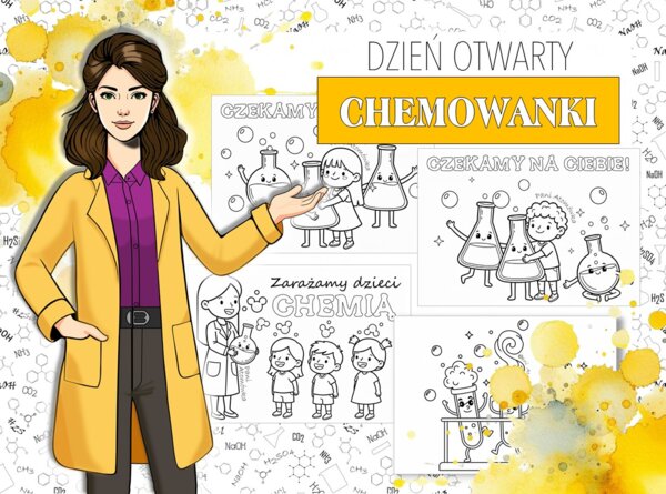 Chemowanki. Chemiczne kolorowanki dla maluchów. Idealne na Dzień Otwarty / Festyn szkolny. Zastępstwo. Pani Atomówka KIDS.