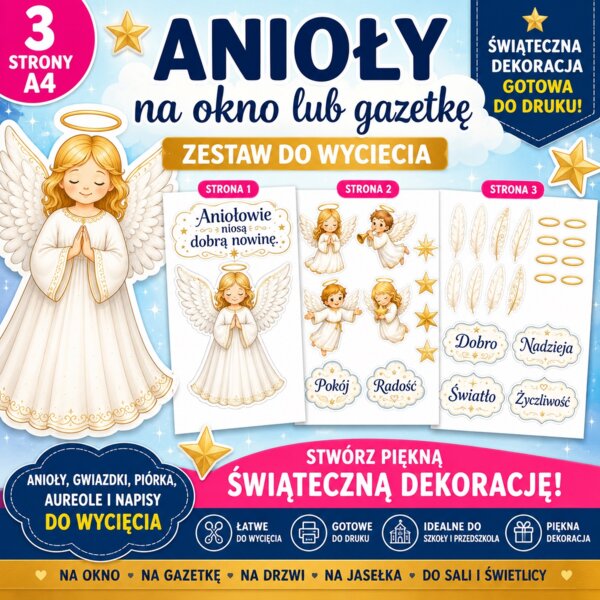 Anioły na okno lub gazetkę. Dekoracja.