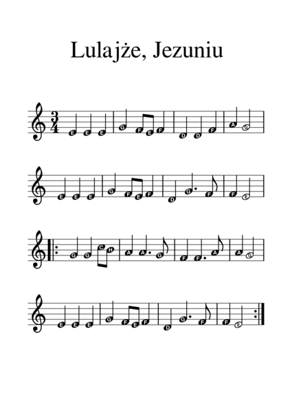 Kolęda Lulajże, Jezuniu. Duże nuty z literowymi nazwami dźwięków.