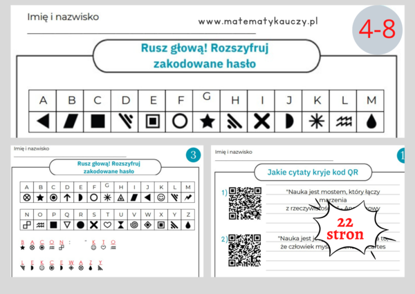 RUSZ GŁOWĄ! SZYFROWANIE, KODOWANIE dla każdego / KARTY PRACY kl.4 – kl. 8 PDF / 15 cytatów + ROZWIĄZANIA