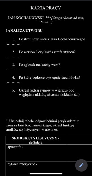 J. Kochanowski Pieśń XXV - karta pracy