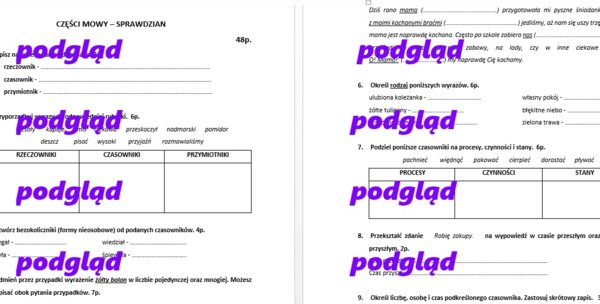 Czasownik, rzeczownik, przymiotnik - sprawdzian dla kl. 4, 5