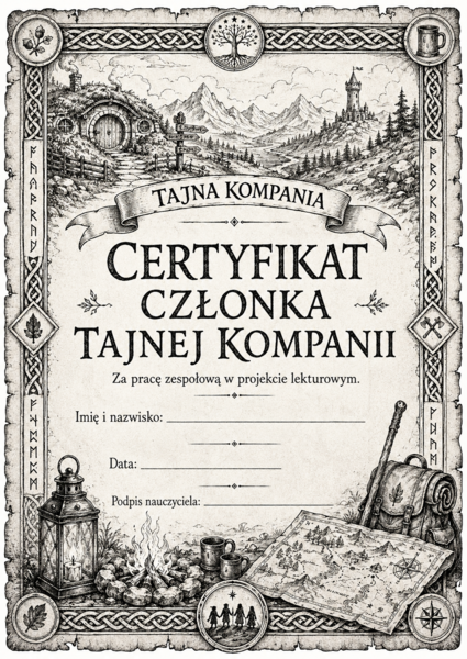 Certyfikaty/ Dyplomy inspirowane lekturą "Hobbit" czarno-białe