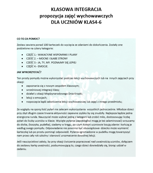 KLASOWA INTEGRACJA- ZESTAW ZDAŃ DO DOKOŃCZENIA