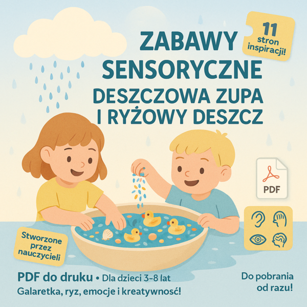Zabawy sensoryczne: błękitna galaretka jako „deszczowa zupa”, ryż jako „deszcz”