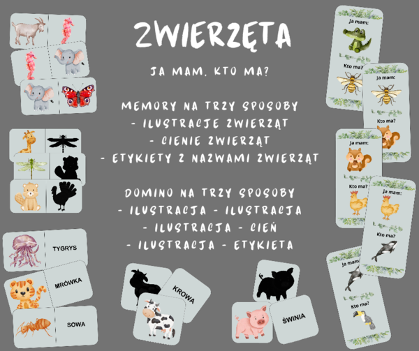 Zwierzęta - memory, domino, ja mam, kto ma?