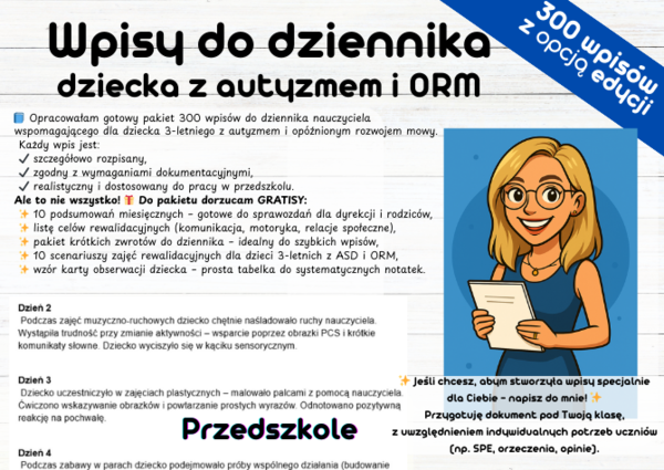 AUTYZM i ORM Wpisy do dziennika nauczyciel wspomagający dla dziecka 3-letniego
