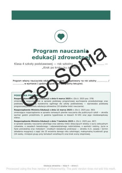 Edukacja Zdrowotna w Klasie 4 (Program, Scenariusze, Karty Pracy) Pełny Gotowiec Lekcyjny na Cały Rok
