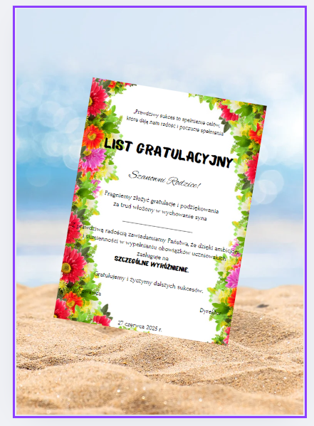 List gratulacyjny, gratulacje dla rodziców (kwiaty) - zakończenie roku szkolnego - 2 wersje