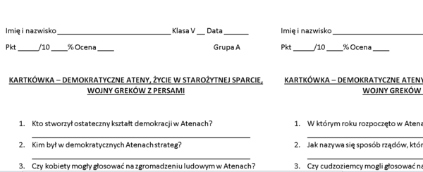 KARTKÓWKA – DEMOKRATYCZNE ATENY, ŻYCIE W STAROŻYTNEJ SPARCIE, WOJNY GREKÓW Z PERSAMI