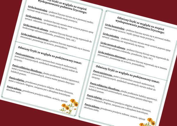 LIRYKA - odmiany liryki - wklejka - kl.4-8 - egzamin - powtórzenie