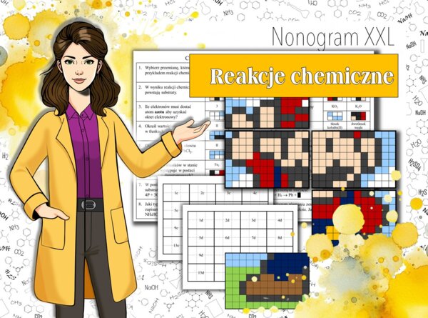Klasa 7. Chemia. Równania reakcji chemicznych. Powtórzenie. Kolorowanka chemiczna. Nonogram w formacie XXL. Karta pracy. Zadanie. Praca grupowa. Powtórzenie wiadomości. MOC powtórki.