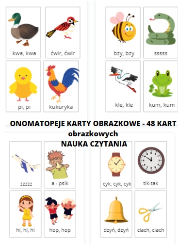 ONOMATOPEJE - KARTY OBRAZKOWE - 48 KART obrazkowych -NAUKA CZYTANIA