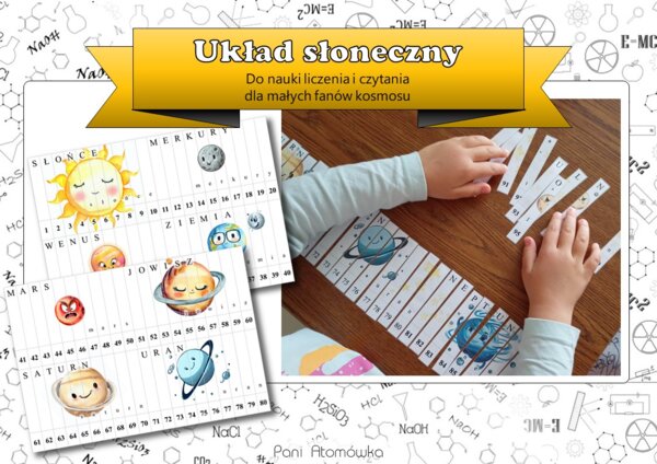 Edukacja wczesnoszkolna. Nauka liczenia i pisania. Puzzle z motywem układu słonecznego.