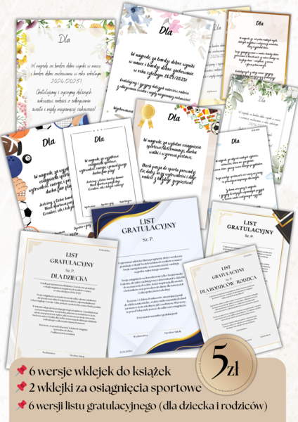 WKLEJKI DO KSIĄŻEK, LIST GRATULACYJNY, ZA WYNIKI W NAUCE, OSIĄGNIĘCIA SPORTOWE