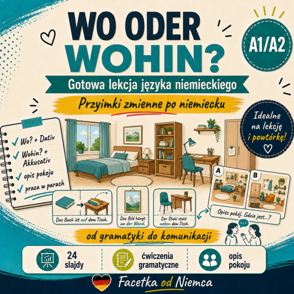 Wo? oder Wohin? – przyimki zmienne i opis pokoju (A1/A2) | 3 lekcje
