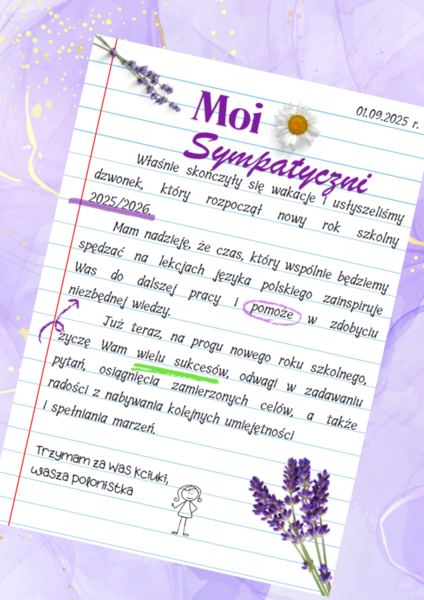 List polonistki do uczniów - początek roku szkolnego 2025, wklejka do zeszytu