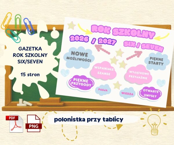 Gazetka szkolna na rozpoczęcie roku 2026/2027 six seven – pastelowy pakiet dekoracyjny (PDF i PNG)