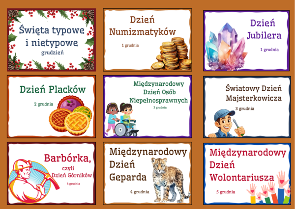 ŚWIĘTA TYPOWE I NIETYPOWE – GRUDZIEŃ – napisy – gazetka – dekoracja – BIBLIOTEKA – świetlica – przedszkole 19 stron