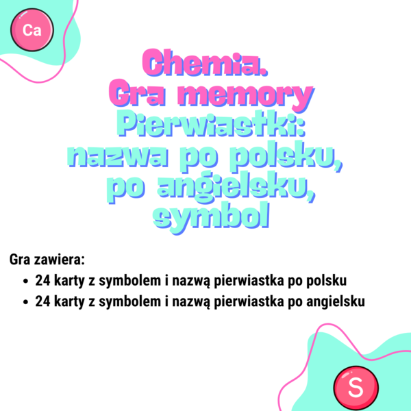 Chemia. Klasa 7. Klasa 8. Gra pamięciowa. Memory. Symbole i nazwy pierwiastków.
