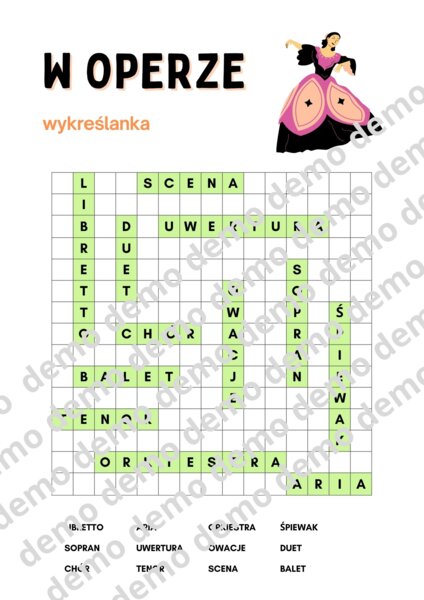 Muzyka, klasa 4-5. W operze. Karta pracy: wykreślanka.
