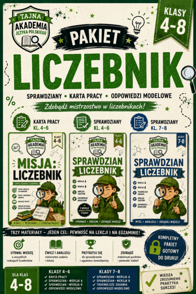Liczebnik – MEGA PAKIET kl. 4–8 | karta pracy + sprawdziany A i B + odpowiedzi