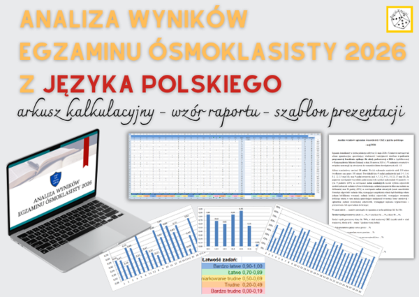 Analiza wyników egzaminu ósmoklasisty (E8) z języka polskiego w 2026 r. - arkusz kalkulacyjny, wzór raportu, szablon prezentacji na radę pedagogiczną