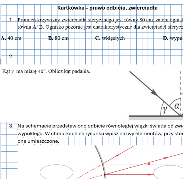 Kartkówka/karta pracy Prawo odbicia, zwierciadła