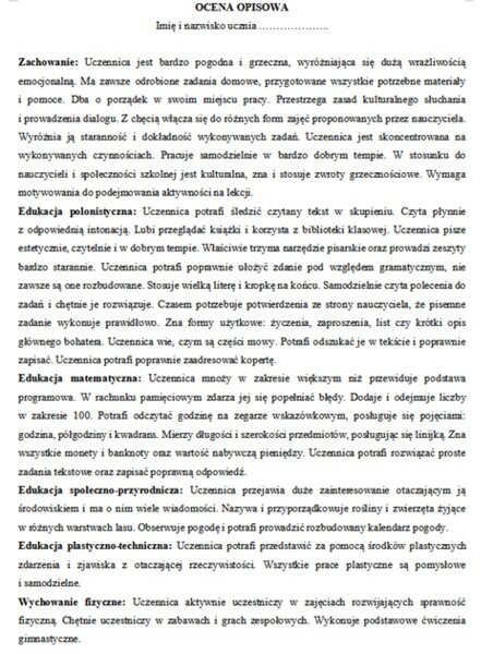 Ocena opisowa dla klasy 2
